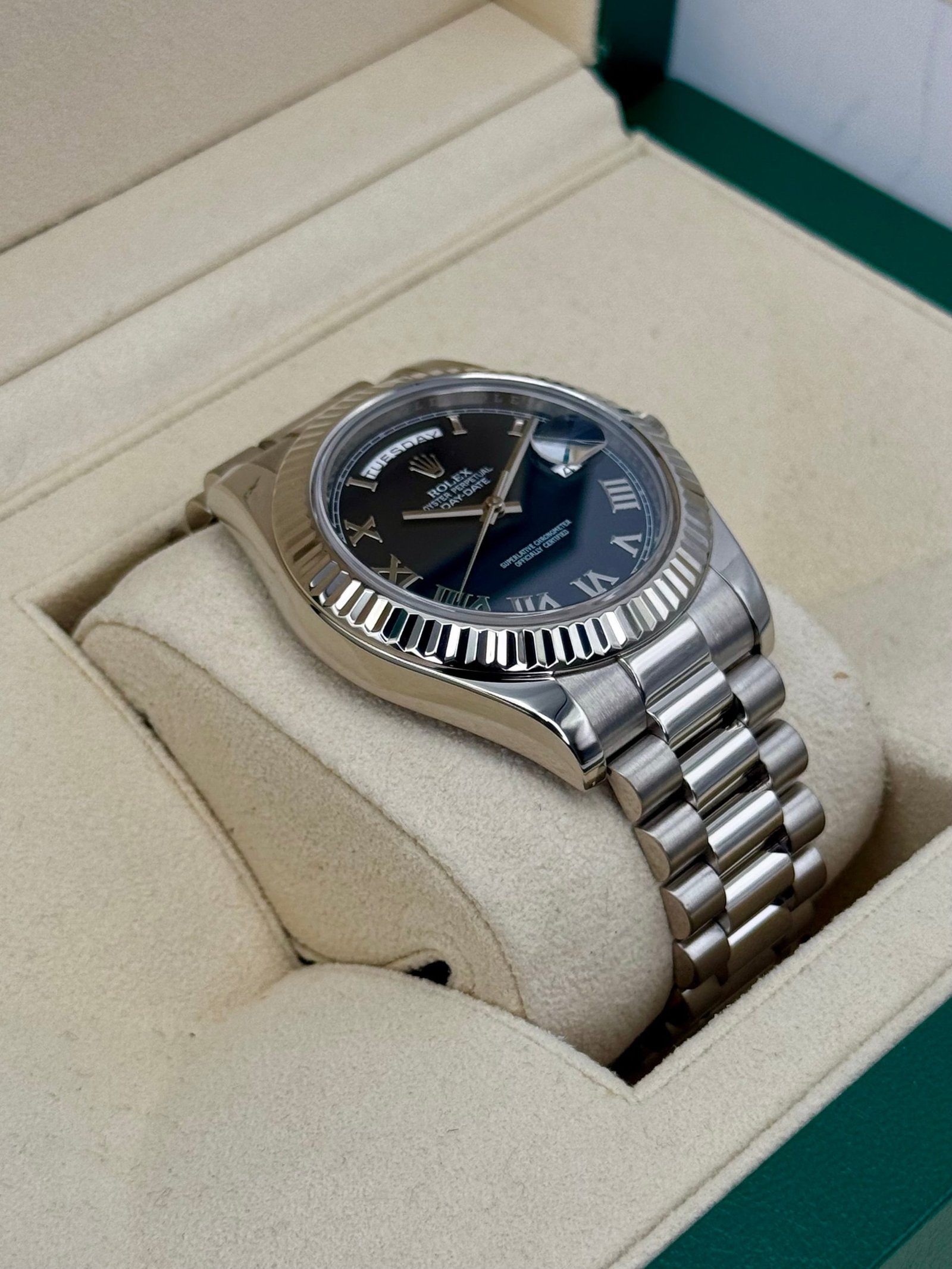 2015 Rolex Day-Date II 41mm 218239 White Gold Presidential Black Dial - Image 6
